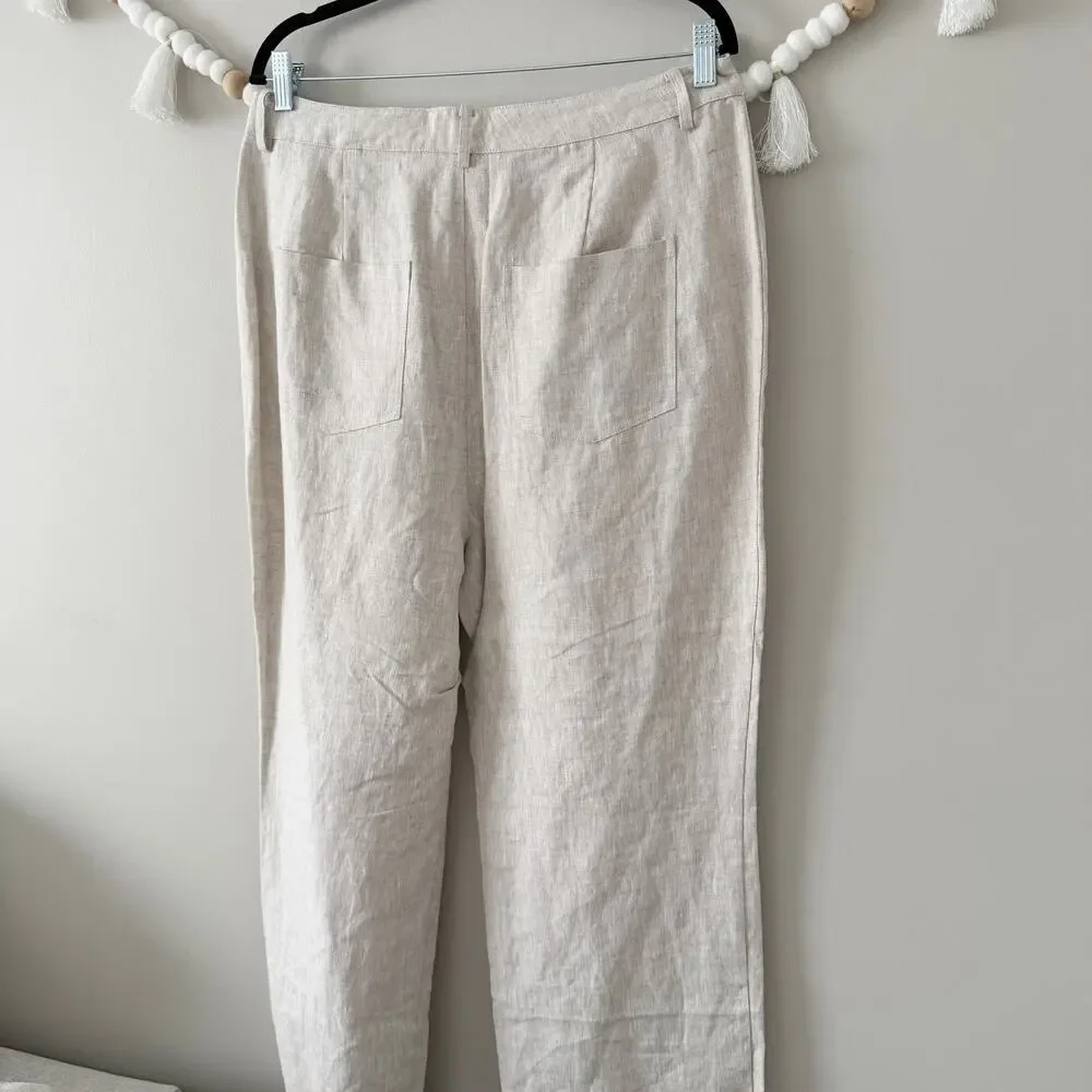 Reformation Linen Pants Beige High Rise Straight Leg Trousers Size 12